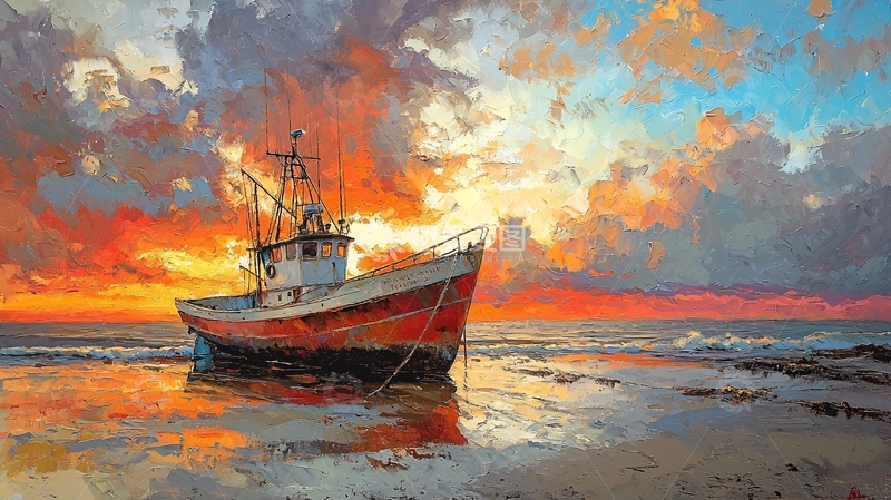 高清大图下载【趣麦麦图】日落海滩上的老渔船