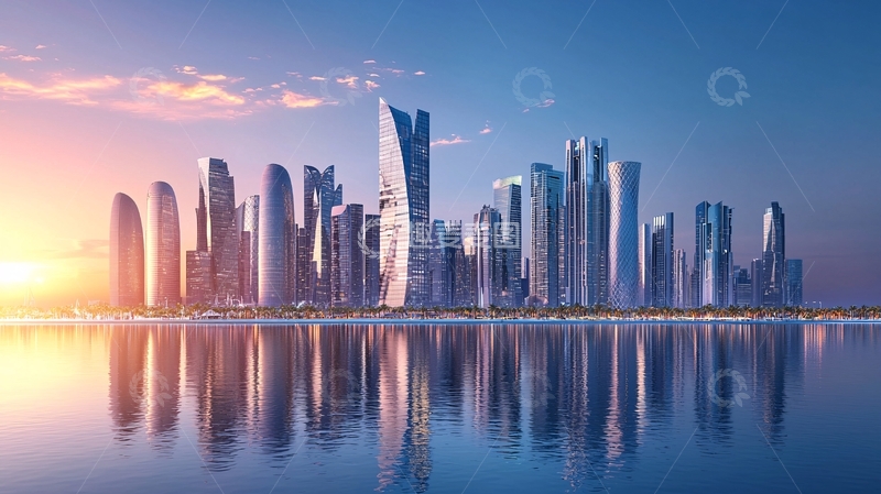 高清大图下载【趣麦麦图】日出时分海滨摩天大楼城市景观