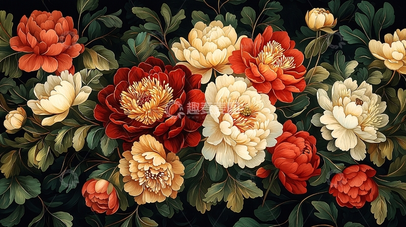 高清大图下载【趣麦麦图】暗色背景牡丹花卉图案