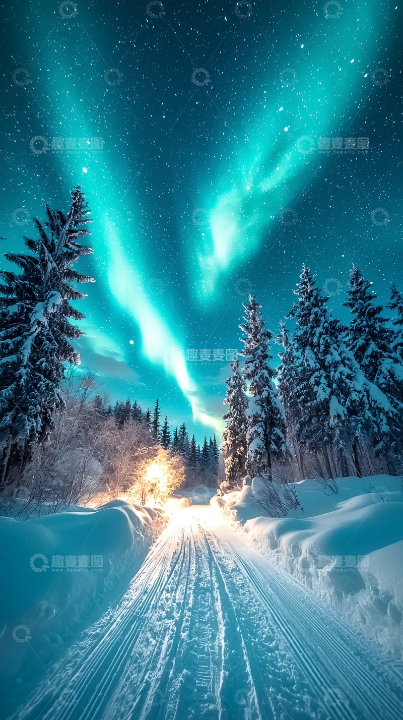高清大图下载【趣麦麦图】极光雪景森林道路
