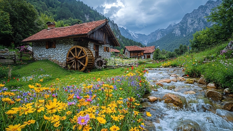 高清大图下载【趣麦麦图】山间小屋流水人家