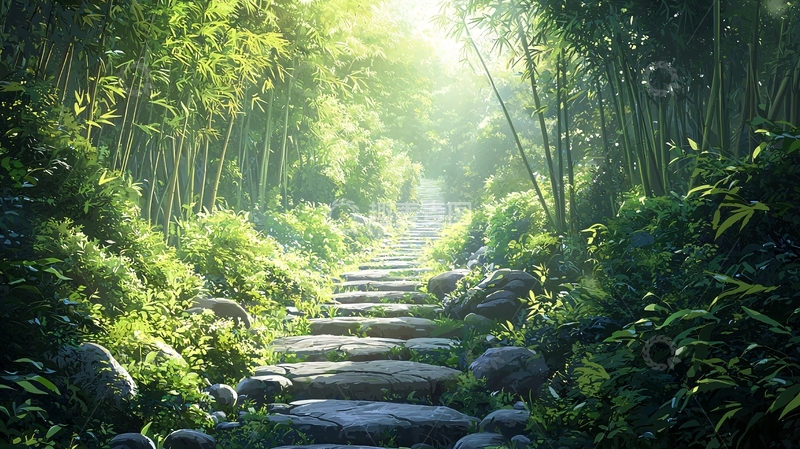 高清大图下载【趣麦麦图】阳光森林石阶小路