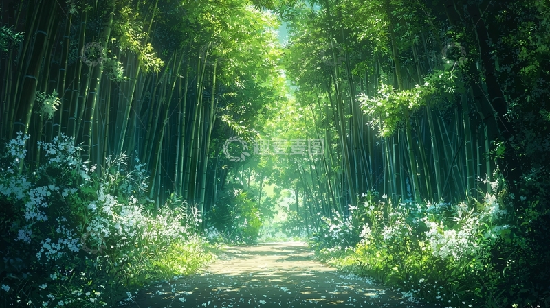 高清大图下载【趣麦麦图】阳光洒落竹林小径
