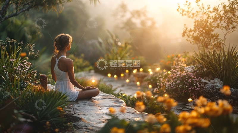 高清大图下载【趣麦麦图】清晨花园冥想女子