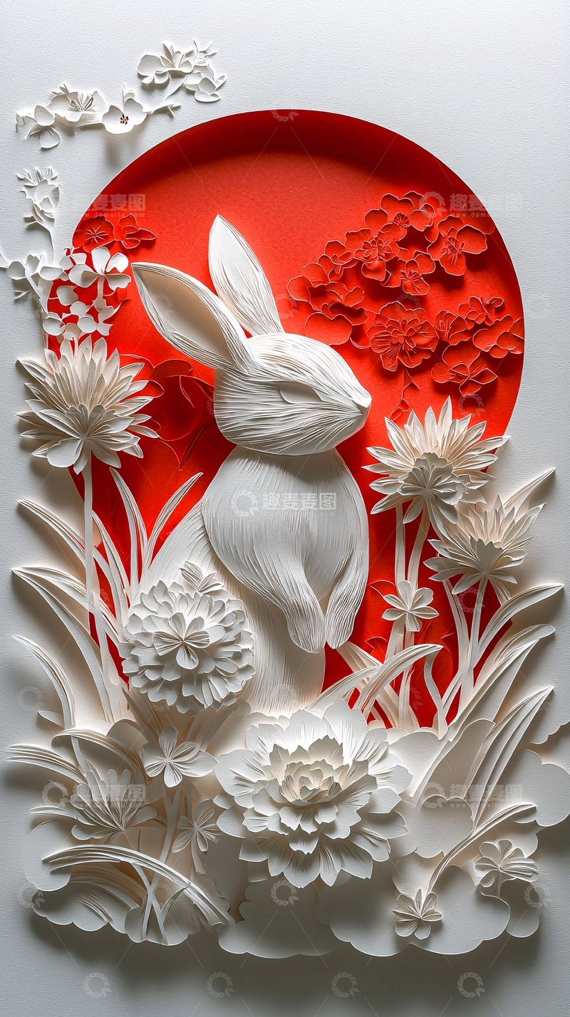高清大图下载【趣麦麦图】白色兔子剪纸