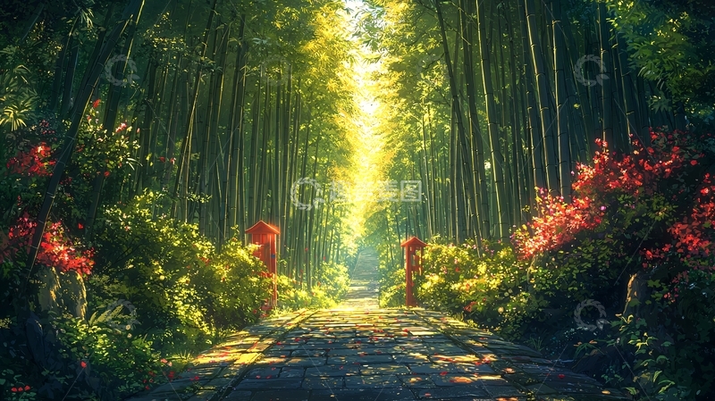高清大图下载【趣麦麦图】阳光洒满竹林小路