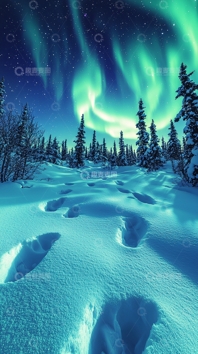 高清大图下载【趣麦麦图】极光下的雪地足迹