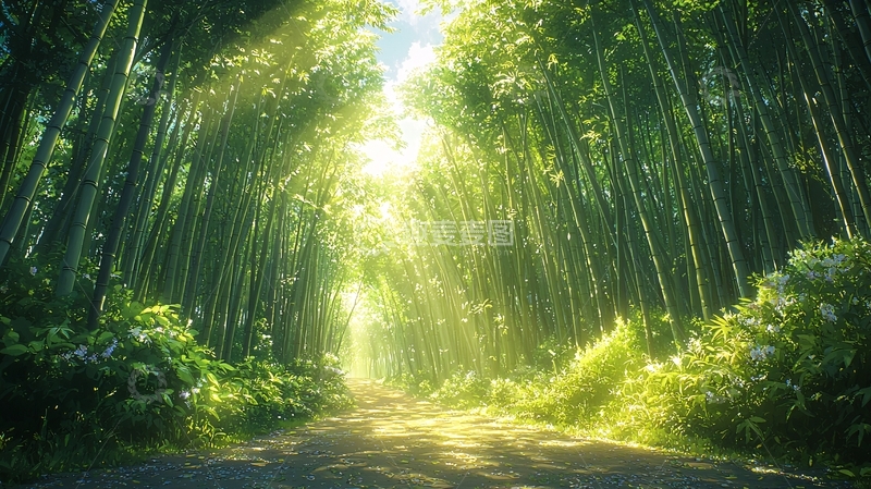 高清大图下载【趣麦麦图】阳光透过竹林小路