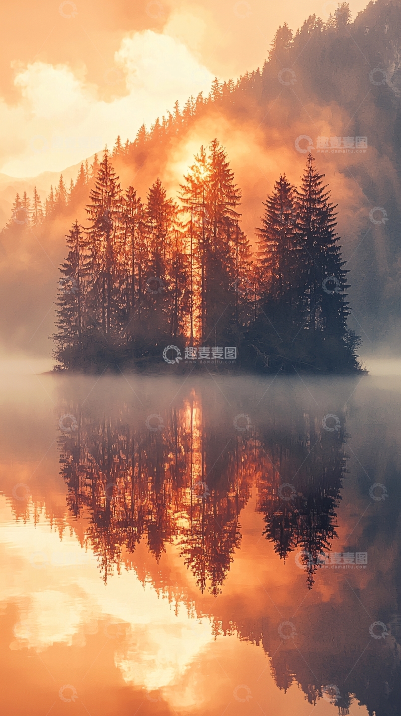 高清大图下载【趣麦麦图】清晨雾气缭绕湖心岛