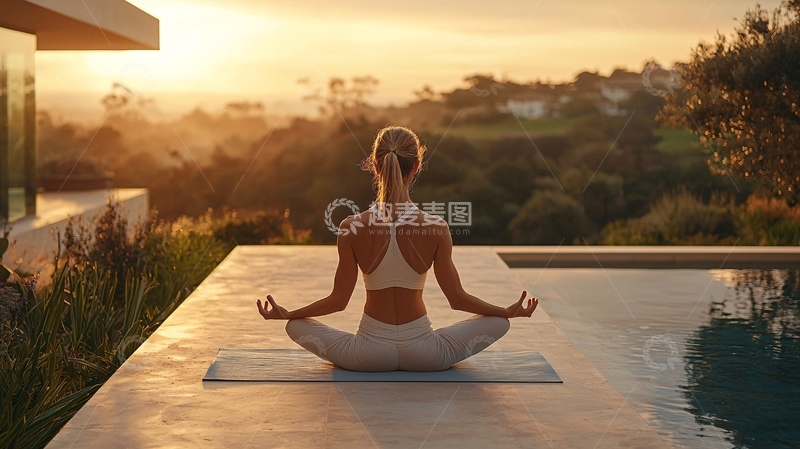 高清大图下载【趣麦麦图】日出时分女人冥想