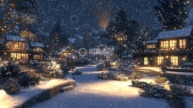 高清大图下载【趣麦麦图】冬夜雪景小镇
