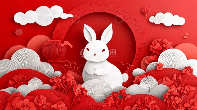 高清大图下载【趣麦麦图】红色背景剪纸风白兔
