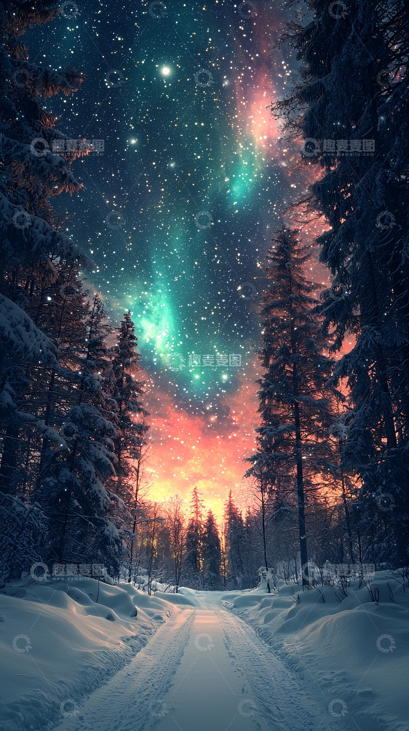 高清大图下载【趣麦麦图】极光雪景森林小路