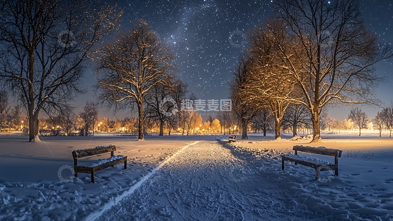 高清大图下载【趣麦麦图】冬夜雪景公园长椅星轨