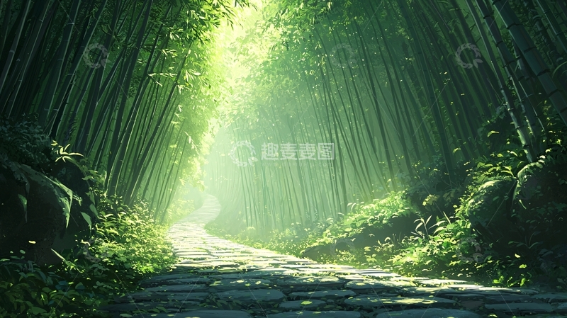 高清大图下载【趣麦麦图】阳光洒落竹林小路