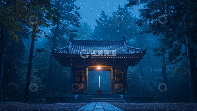 高清大图下载【趣麦麦图】夜色中的日式寺庙大门