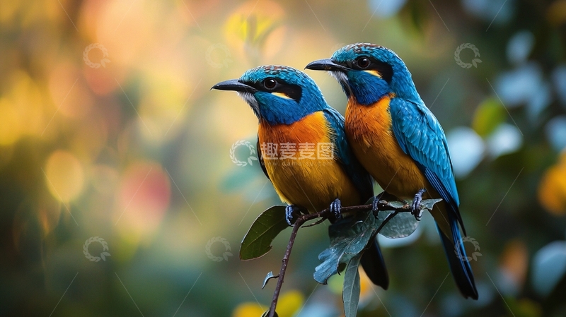 高清大图下载【趣麦麦图】蓝黄相间的小鸟情侣