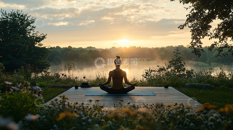高清大图下载【趣麦麦图】日出湖边瑜伽冥想