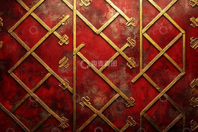 高清大图下载【趣麦麦图】红色背景金色格子花纹