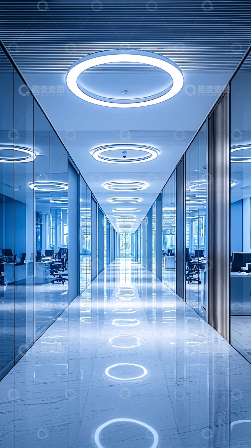 高清大图下载【趣麦麦图】现代化蓝色玻璃走廊