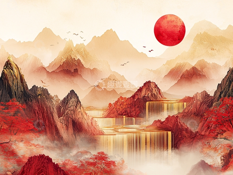 高清大图下载【趣麦麦图】红日金瀑山峦图