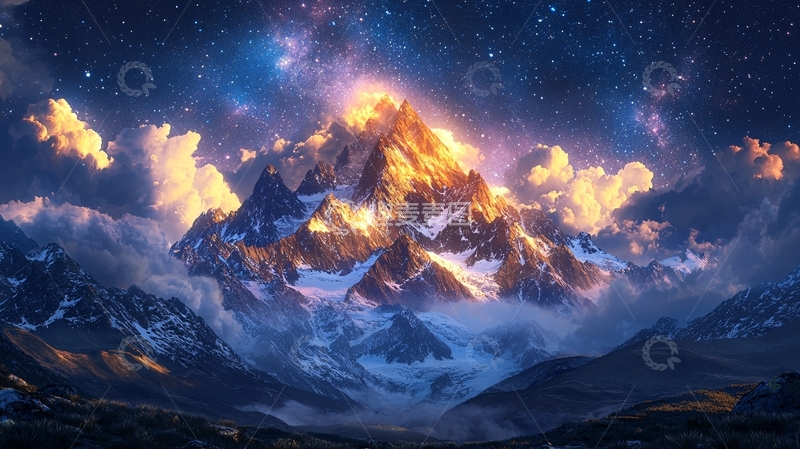 高清大图下载【趣麦麦图】星空下的发光山峰