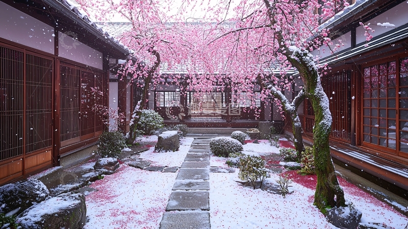 高清大图下载【趣麦麦图】日式庭院雪景粉色樱花