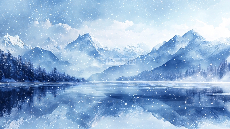 高清大图下载【趣麦麦图】雪山湖泊水彩画