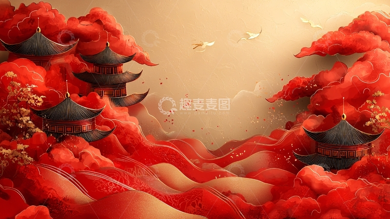 高清大图下载【趣麦麦图】红色云海中的中式楼阁