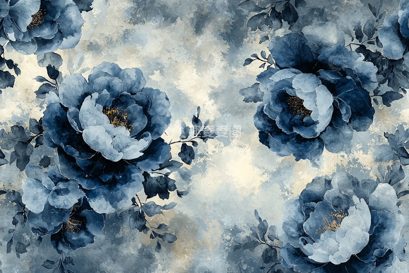 高清大图下载【趣麦麦图】水墨蓝玫瑰花纹