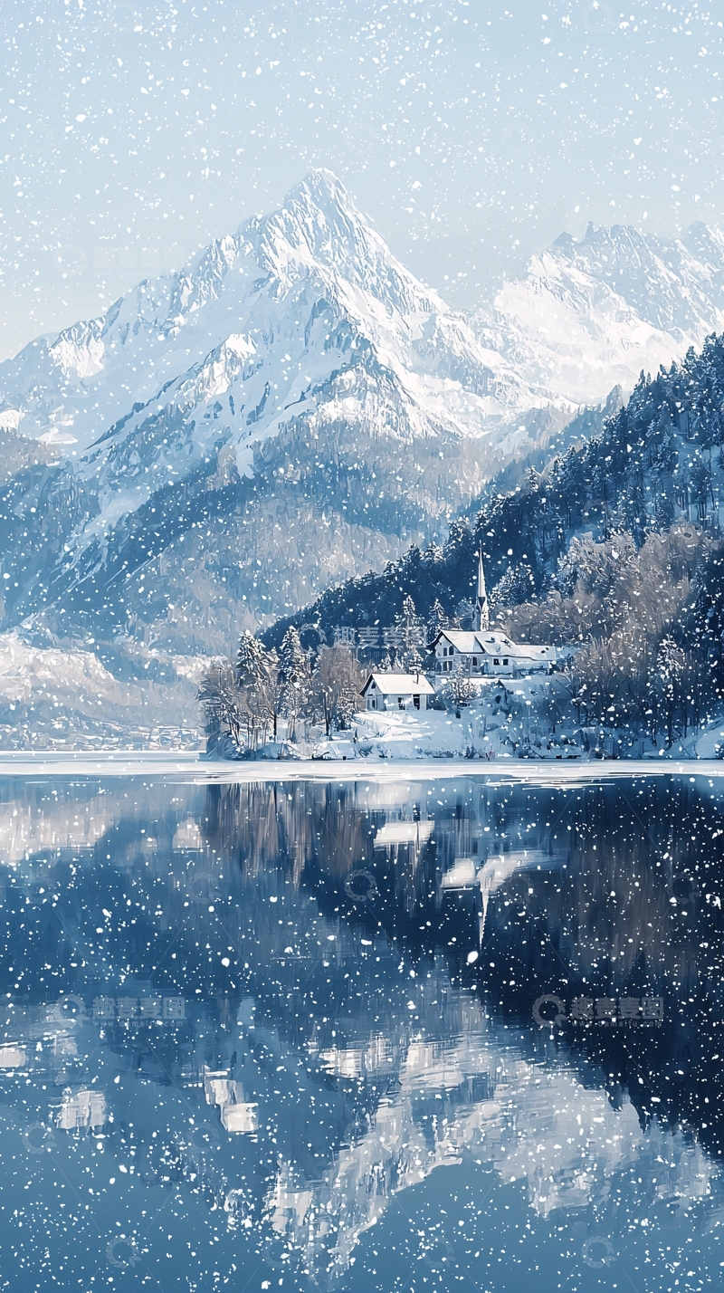 高清大图下载【趣麦麦图】雪山湖泊小镇雪景
