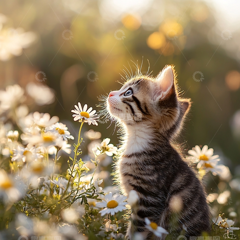 高清大图下载【趣麦麦图】小猫在雏菊花丛中