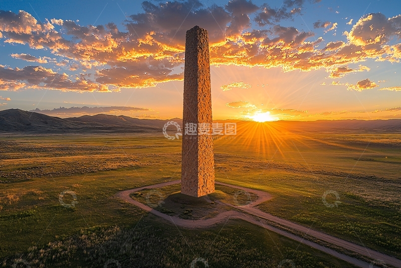 高清大图下载【趣麦麦图】落日余晖下的高耸石碑