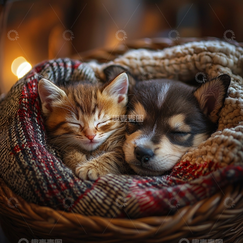 高清大图下载【趣麦麦图】小猫小狗相依偎睡觉