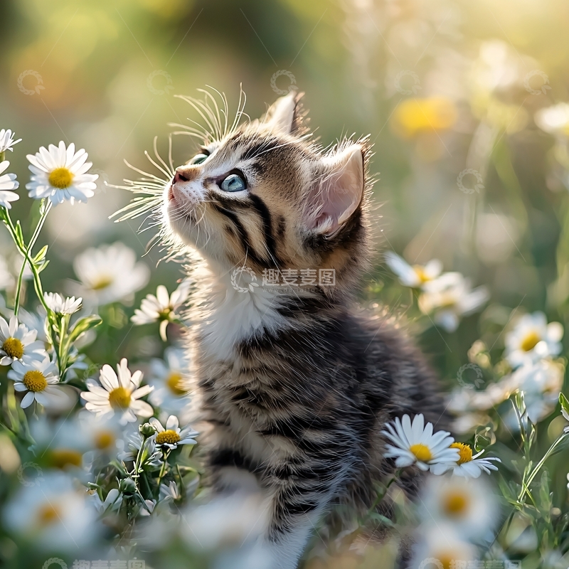 高清大图下载【趣麦麦图】小猫在雏菊花丛中