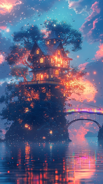 梦幻树屋湖中小岛