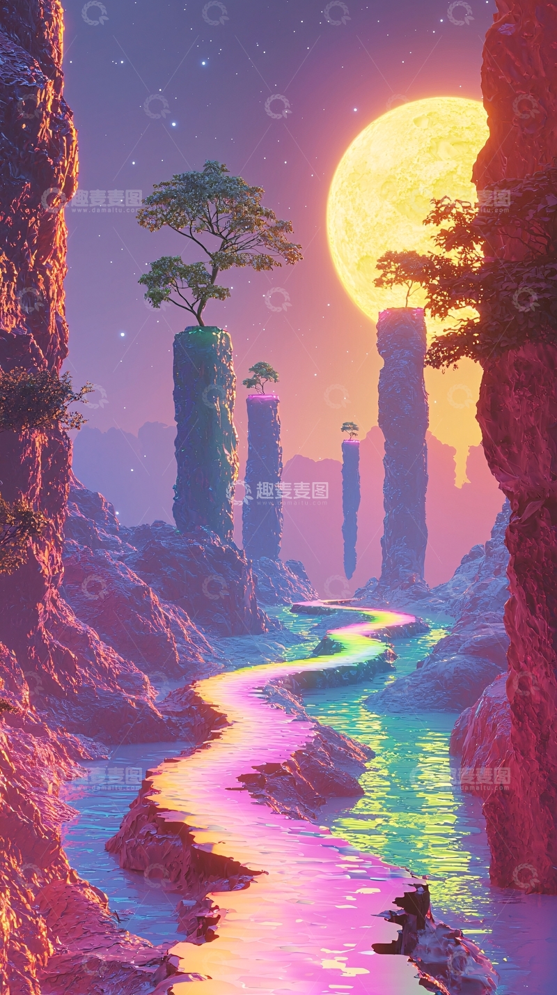 高清大图下载【趣麦麦图】梦幻峡谷河流月亮