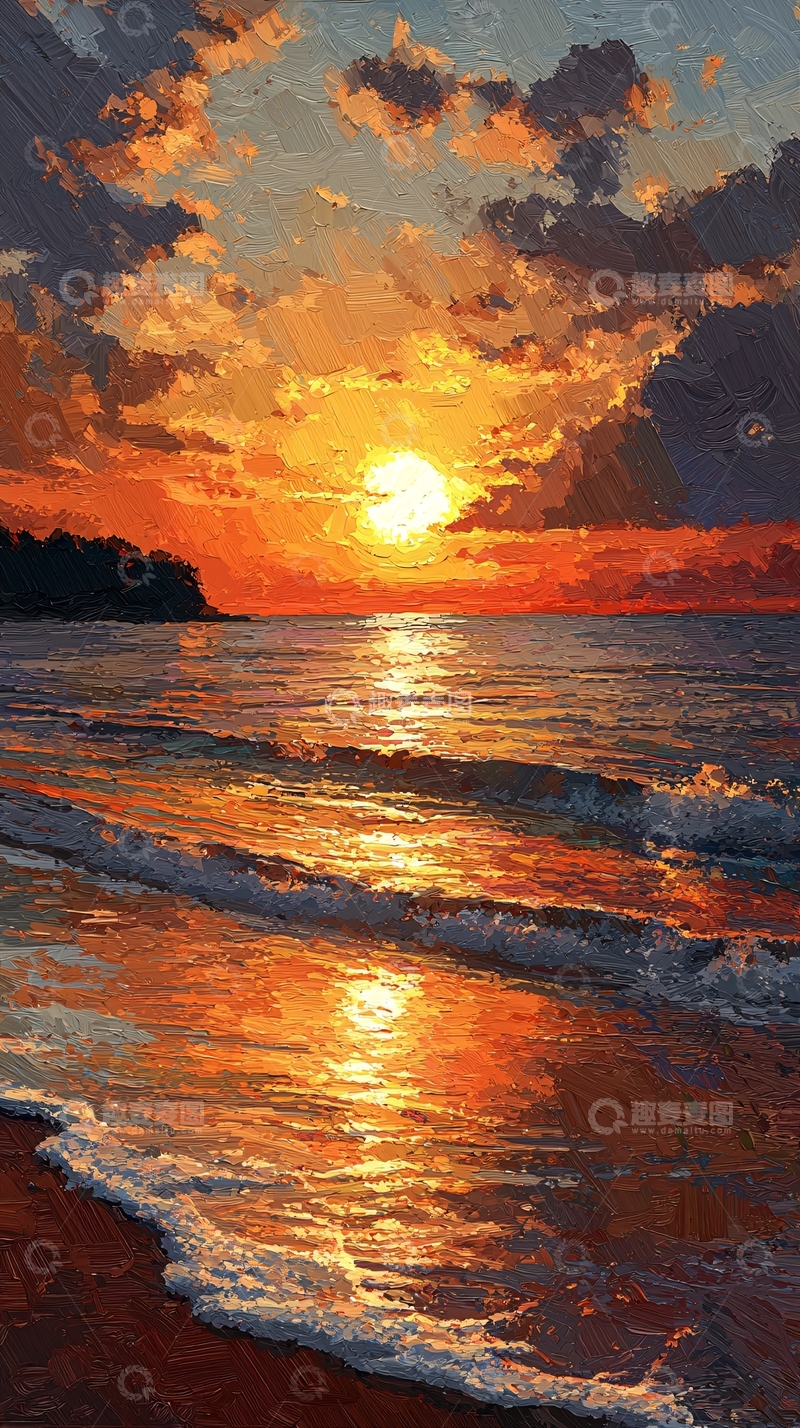 高清大图下载【趣麦麦图】海边日落风景油画