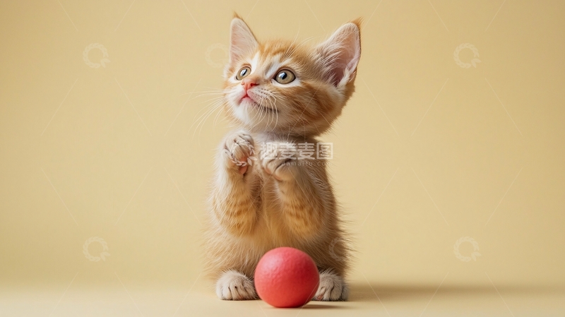 高清大图下载【趣麦麦图】小猫玩耍红色小球