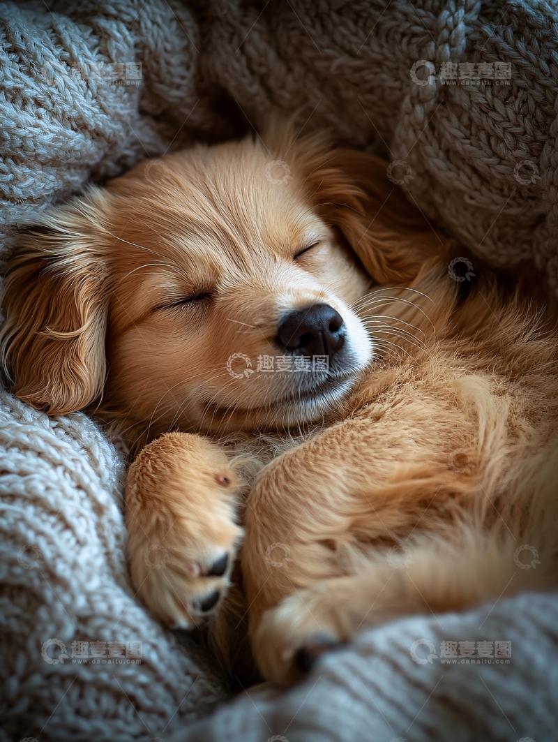 高清大图下载【趣麦麦图】毛茸茸的小狗熟睡在毛毯里