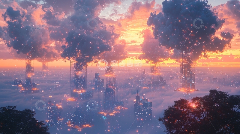 高清大图下载【趣麦麦图】梦幻般日落云海城市