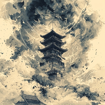 水墨画风格古塔