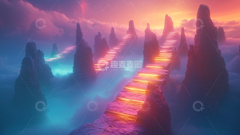 高清大图下载【趣麦麦图】云端上的发光道路