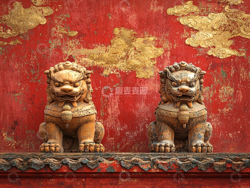 高清大图下载【趣麦麦图】红墙金色石狮子