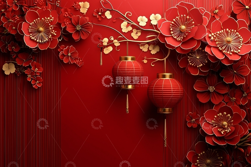 高清大图下载【趣麦麦图】红色花朵中国风灯笼