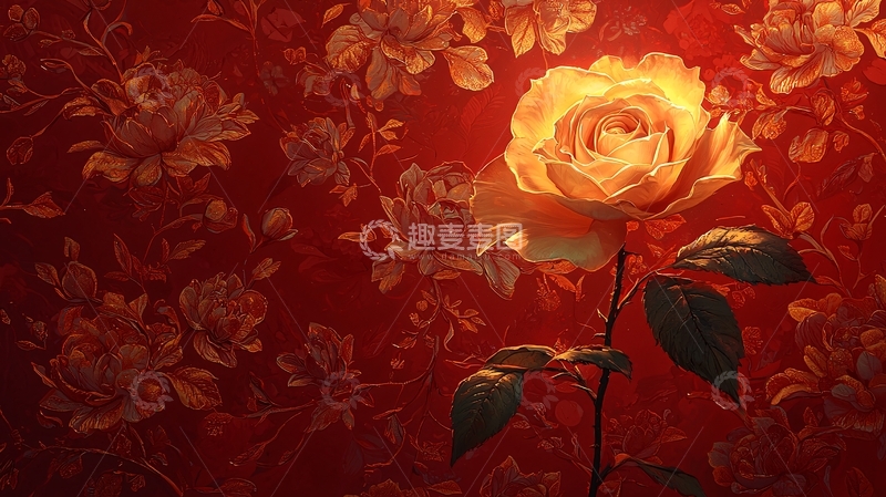 高清大图下载【趣麦麦图】单枝黄玫瑰红底壁纸