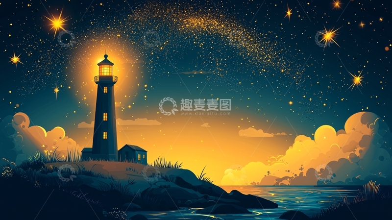 高清大图下载【趣麦麦图】星空下的灯塔