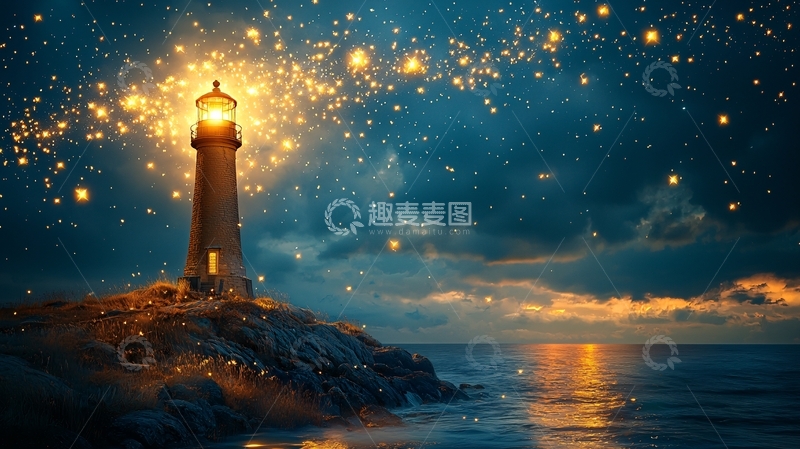 高清大图下载【趣麦麦图】星空下的灯塔