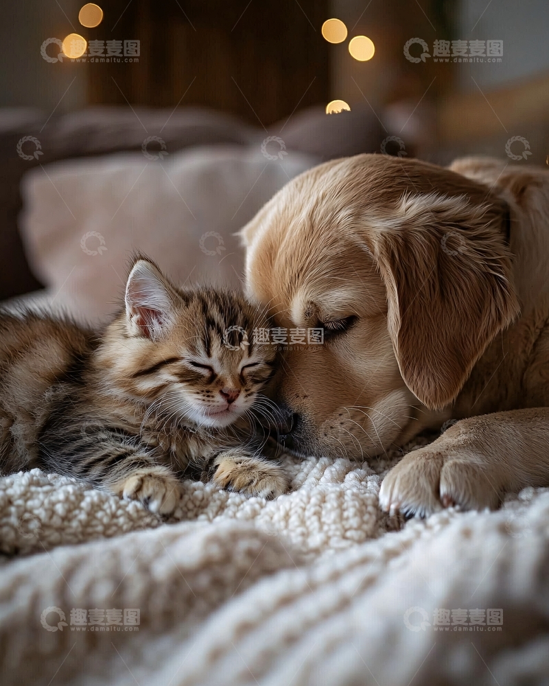高清大图下载【趣麦麦图】小猫与小狗温馨依偎