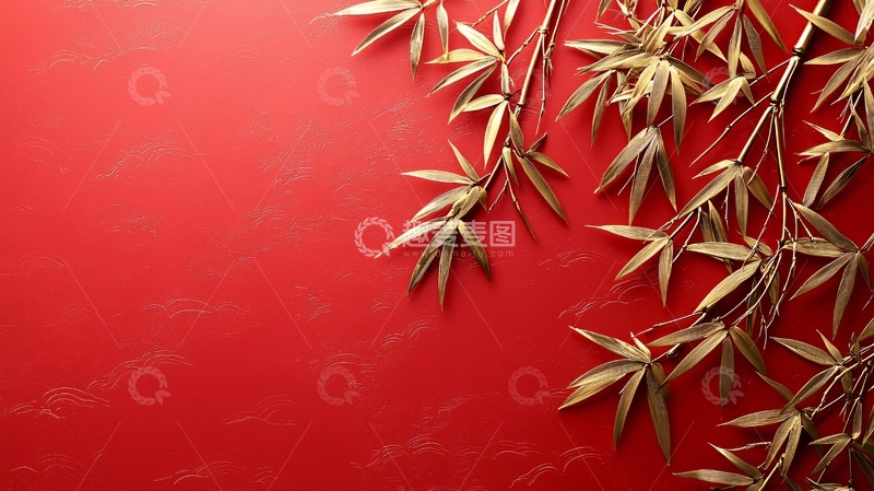 高清大图下载【趣麦麦图】金箔竹叶红底背景